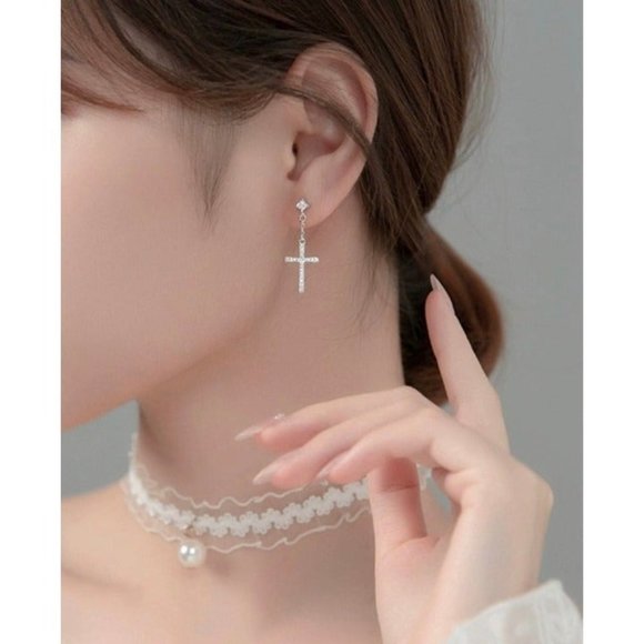 Silver Asymmetry Cross Drop studs Earrings-ECZ029 - Picture 8 of 9